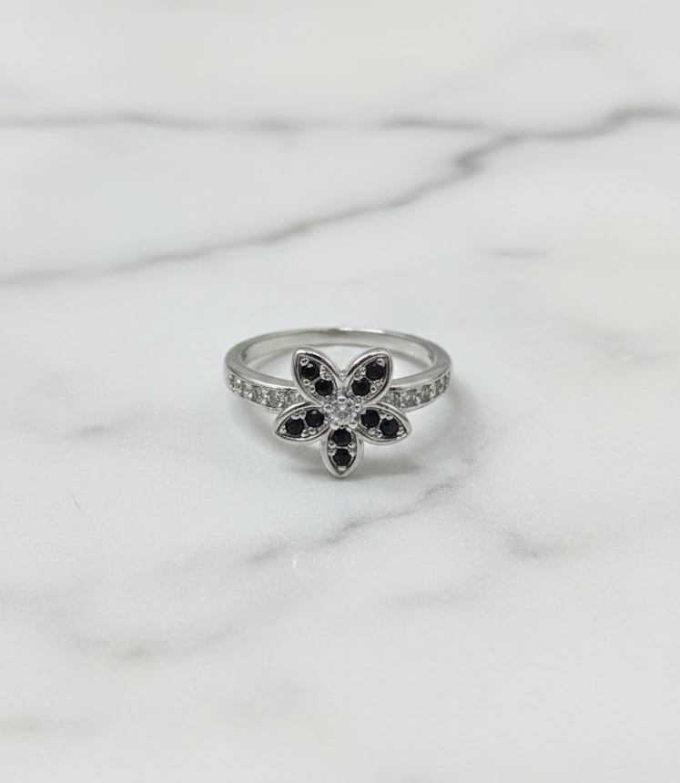 Rose silver black Flower Ring
