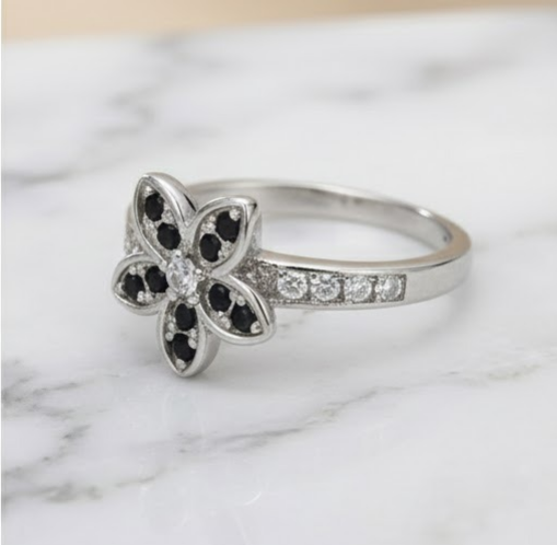 Rose silver black Flower Ring