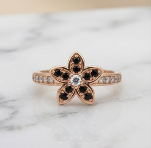 Rose Gold Black Flower Ring