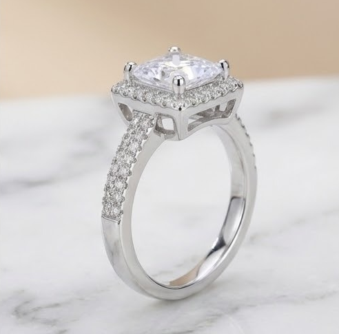 Silver Square Diamond Halo Ring