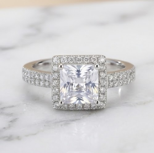 Silver Square Diamond Halo Ring