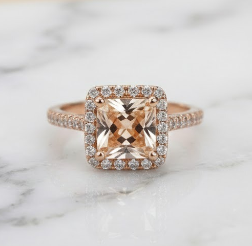 Golden Square Diamond Halo Ring