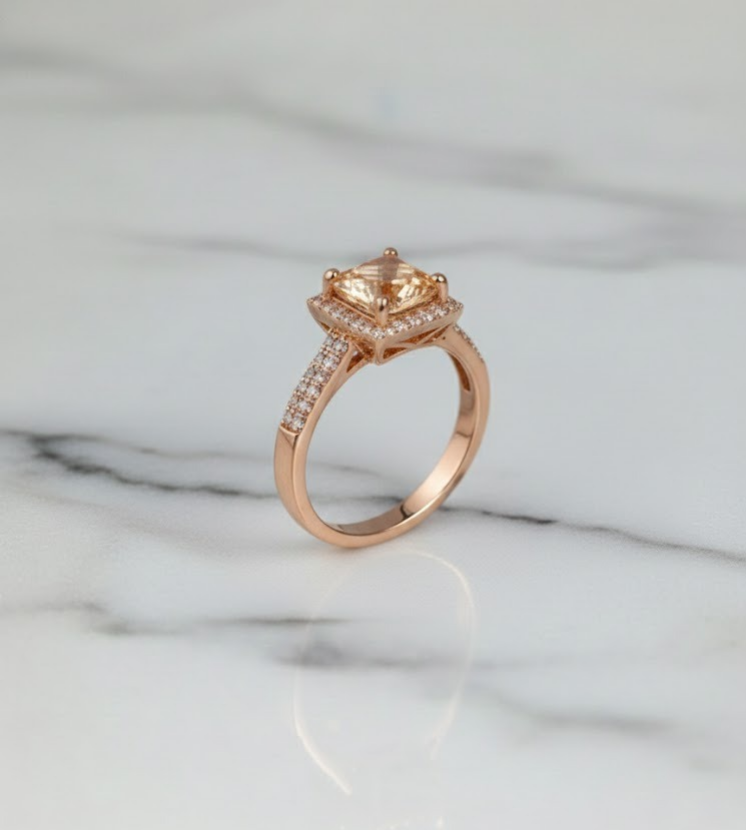 Golden Square Diamond Halo Ring