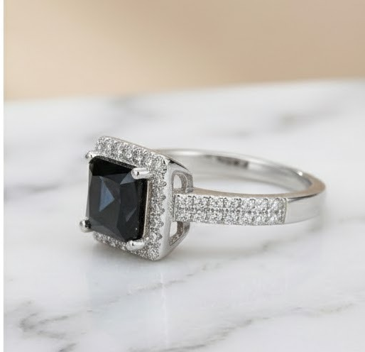 Black Square Diamond Halo Ring