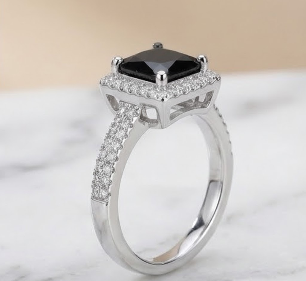 Black Square Diamond Halo Ring