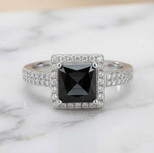 Black Square Diamond Halo Ring